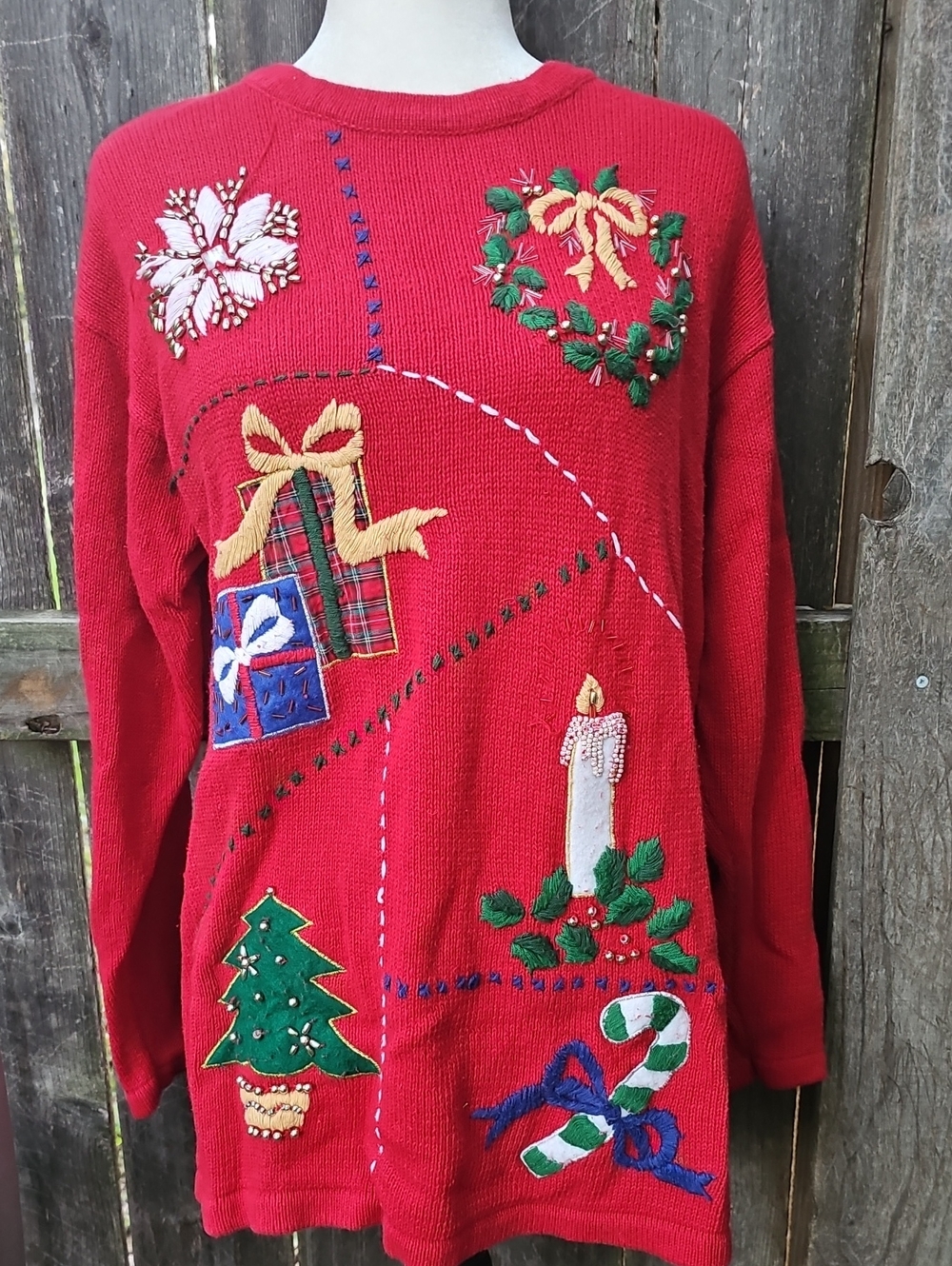Ship'n Shore Sport Women’s Red Embroidered Holiday Crew Neck Sweater Christmas M